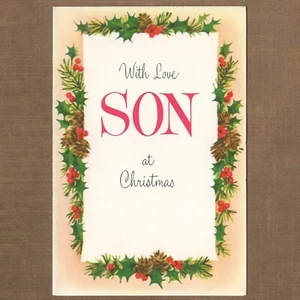 Biglietto vintage mai usato Norcross BUON NATALE e Capodanno PER FIGLIO, Loving Holly - Foto 1 di 6