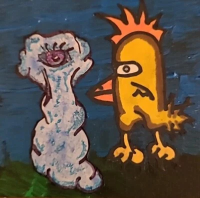 Pintura original de galinha equipe alienígena sobrancelha baixa amigos estranhos arte galo espacial  - Imagem 1 de 4