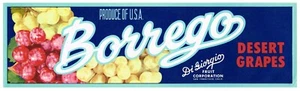 ORIGINAL GRAPE CRATE LABEL 1950S BORREGO DESERT GRAPES SAN FRANCISCO CALIFORNIA - Imagen 1 de 1