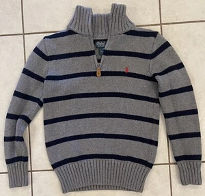 Polo Ralph Lauren Boys Gray Navy Blue Striped Winter Sweater 1/4 Zip Size 7 - Picture 1 of 6