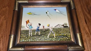 H. Hargrove 8 x 10 gerahmtes Gemälde Kinder Flugdrachen - Bild 1 von 5
