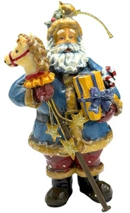 Blue Coat Santa Figurine Ornament w/ Hobby Horse & Gifts Resin - Picture 1 of 6