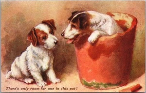 Postal de cómic de perro vintage de los años 1910 TERRIERS "Solo habitación para uno de nosotros en esta olla" - Imagen 1 de 2