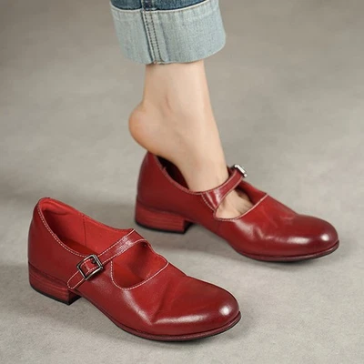 Women's Real Leather Cowhide Round Toe Chunky Block Heels Buckle Mary Jane Shoes - Image 1 of 4