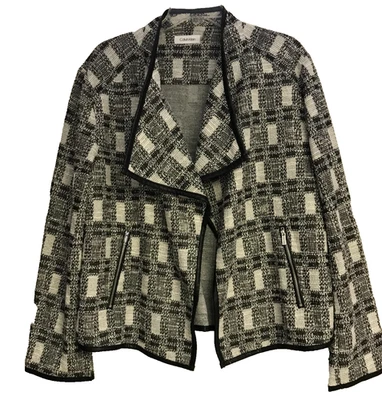 Cárdigan Calvin Klein Negro Blanco XL Tejido Nubby Frente Abierto Borde de Cuero Sintético Foto 1 de 4