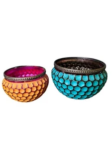 Decorative Blue And Yellow Mosaic Bowls - Multipurpose Handcrafted Boho Set Of 2 - Picture 1 of 10