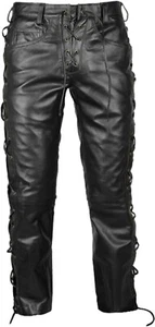 Men's Genuine Leather Jeans Style Side Laces Cowhide Leather Motorbike Pant - Picture 1 of 5