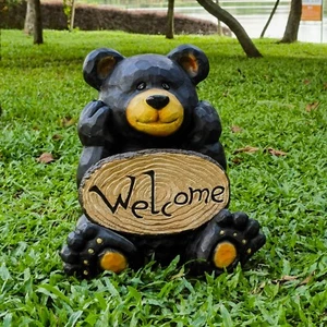 Bear Cub Statue Holding Face W/ Welcome Sign For Garden Yard Decor Resin Statue - Picture 1 of 5