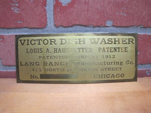 VICTOR DISH WASHER PAT 1912 ANTIQUE BRASS NAMEPLATE SIGN LANG RANGE MFG CHICAGO - Picture 1 of 12