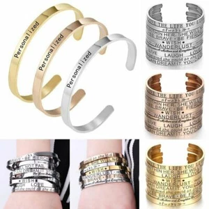 Personalised Name Text Custom Engraved Bracelet Cuff Bangle Couple Lovers Gifts - Picture 1 of 22