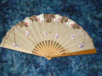 Antique Vintage Cotton/Linen Fan-hand painted florals Hand Fan - Image 1 of 4