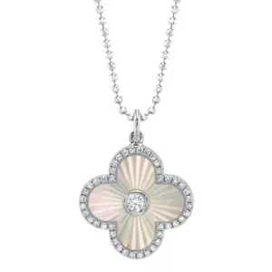 Diamond Mother of Pearl Fluted Clover Necklace 14K White Gold - Picture 1 of 3