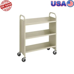 Single-Sided Library Book Cart 3 Slanted Shelves Heavy Duty Mobile Storage New - Picture 1 of 5