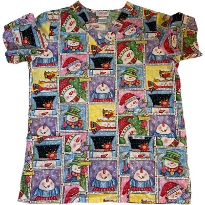 Cherokee Women Scrub Top V-Neck Snowman Multicolor Size Small prowned - Image 1 of 4
