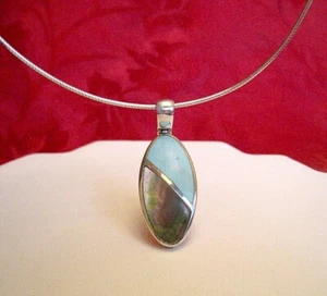 925 STERLING SILVER TURQUOISE & ABALONE INLAY PENDANT NECKLACE CHOCKER 16" - Picture 1 of 8