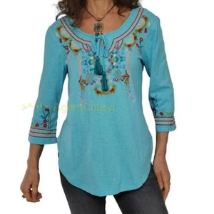 CAITE Túnica bordada Camisa Blusa Pequeña Boho Peasant Blue Tassel Top Felicia - Imagen 1 de 12