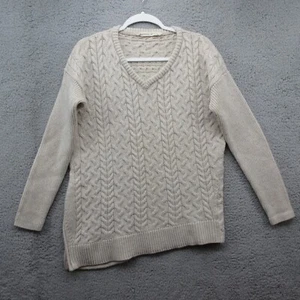 Athleta Cashmere Wool Cableknit Pullover Sweater V Neck Women M Cream Asymmetric - Picture 1 of 10