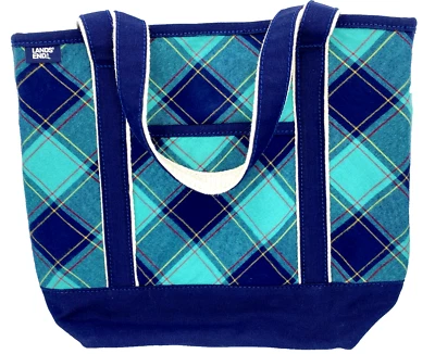 Bolso de Mano Lands End a Cuadros Lona Parte Superior Abierta Espuma de Mar Verde Azulado 11 x 13 x 6 pulgadas Foto 1 de 4
