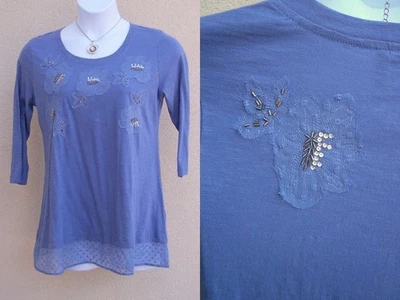 LOGO Lori Goldstein NEW $73 beaded top size M chiffon trim cotton shirt blouse - Image 1 of 4