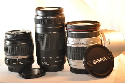 3 THREE Canon EF lenses ISSUES PARTS REPAIR 75-300mm EF-S 18-55mm Sigma 28-300mm - Image 1 of 4