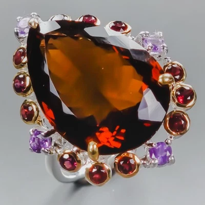 Anillo de cuarzo coñac natural hecho a mano de 30 quilates de plata de ley 925 tamaño 9,5/R437481 Foto 1 de 4