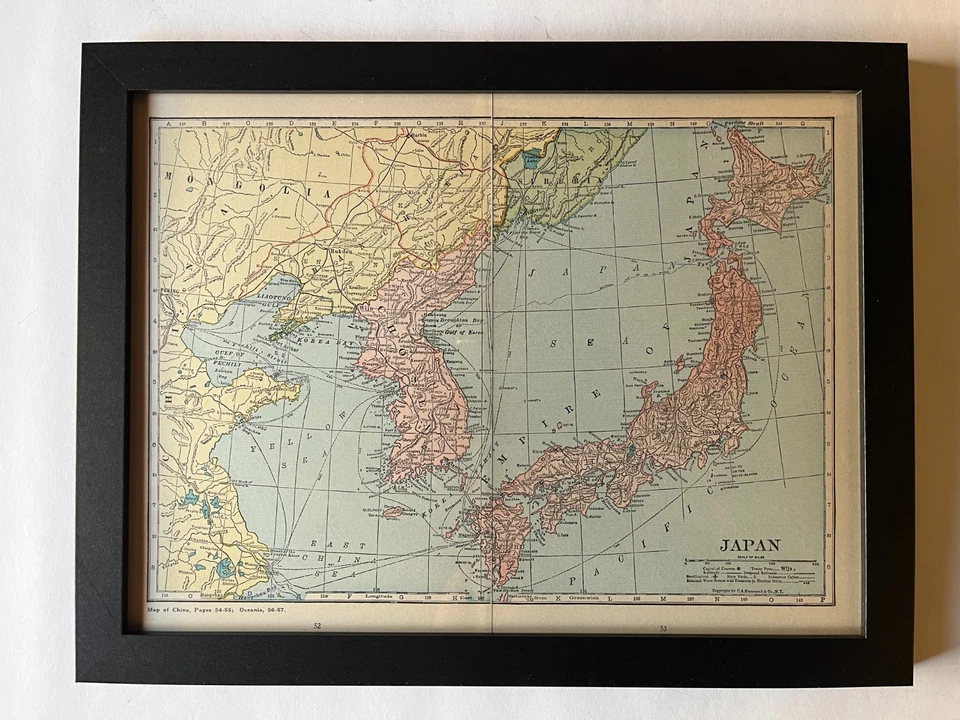 1927 Map of JAPAN & KOREA by C. S. Hammond Large 10" x 13" Frame SEE DESCRIP - Image 1 of 3