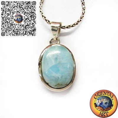 Ciondolo in argento  925 con Larimar Naturale Ovale Cabochon – Pietra Caraibica - Immagine 1 di 3