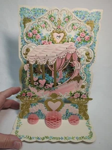 Vintage LG ausklappbare Stanzform mit rosa Rosen weiße Tauben VALENTINSKARTE 9" x 6,5" - Bild 1 von 13
