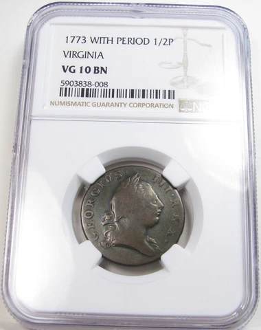 1773 1/2p Virginia Half Penny Colonial Copper Period NGC VG10 BN Nice Eye Appeal Cover