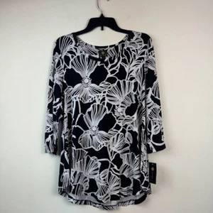 JM Collection Womens L Black White Bloom Floral Printed Relaxed Fit Top NWT AU81 - Picture 1 of 3