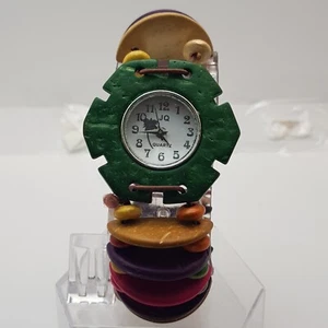 JQ Analog Quartz Watch Wristwatch White Dial Wood Multicolor Band....NEW BATTERY - Picture 1 of 9