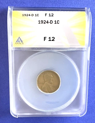 1924-D LINCOLN WHEAT CENT, Key & Rare Date, ANACS F-12, Rev. ROTATED DIE Error!! - Image 1 of 4
