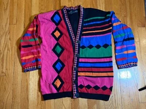 VTG CAROLE LITTLE Knitwear Retro Color Block Cardigan Sz M Drop Shoulder V-neck - Picture 1 of 13