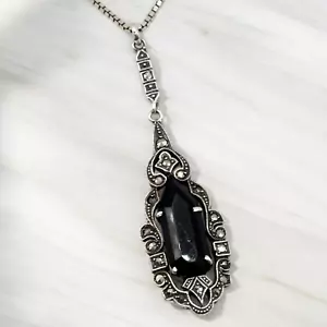 Vintage Art Deco 925 Sterling Silver Onyx & Marcasite Drop Pendant Necklace - Picture 1 of 9