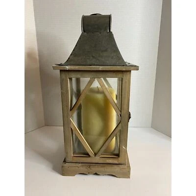 Natural Wood Lantern, Tin Top, Farmhouse, Ccoastal Decor, Rustic Candle Holder - Image 1 of 4