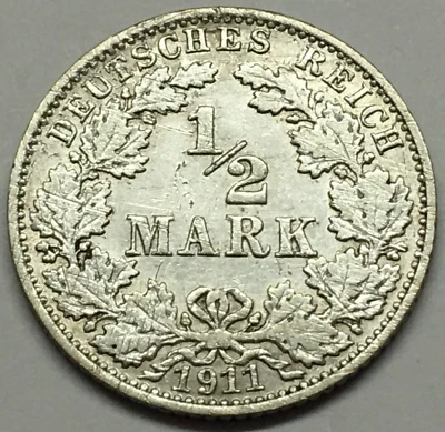 Moneda extranjera de plata de 1/2 marca de Alemania 1911 - se envía gratis con seguimiento USPS Foto 1 de 2