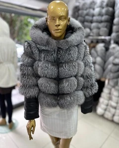 Luxusjacke Pelzmantel Damen echt Silberfuchs Pelz mit Kapuze - Bild 1 von 6