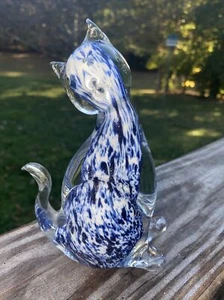 Glass Cat Paperweight Multi Color (Blue and White) Glass Cat Figure - Picture 1 of 12