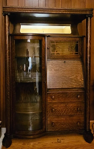 *RARE*Antique (1800's) Empire Curio Bookcase Secretary Locking Cabinet Tiger Oak Cover