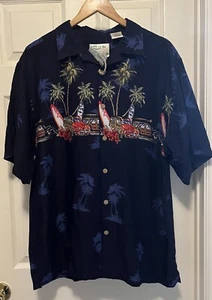 Thums Up Hawaiian Woody Panel Wagon Surfboard Palm Tree Button Shirt Navy NWT - Picture 1 of 5