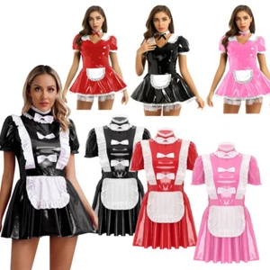 Women's Wet Look Patent Leather French Maid Costume Dress Anime Cosplay Clubwear - Picture 1 of 63
