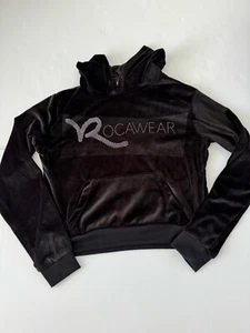 Y2K Vintage ROCAWEAR Black Velour Rhinestone Logo Hooded Pullover Womens Large - Picture 1 of 6