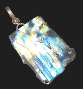 Dazzling 925 Silver Rough Labradorite Pendant - Large Rectangular Gemstone 4452  - Picture 1 of 21