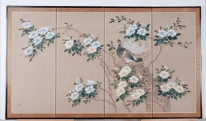 1940er Jahre Paarung japanische männliche & weibliche Tauben Byobu 4-Panel Klappschirm sehr guter Zustand ++ - Bild 1 von 10
