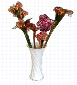 (6) Murano Stil große Kunst Glas Blumen mit Stielen Bernstein, Orange, Rot, Lila - Bild 1 von 10