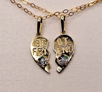 Dos collares colgantes "BEST FRIEND" de oro de 10K circonitas cúbicas con cadenas llenas de oro de 14K de 18" NUEVO Foto 1 de 4