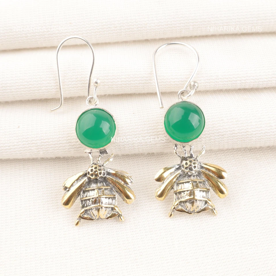 925 Argento Rotondo Verde Naturale Onice Cab Pendenti a Mano Orecchini Gioielli - Immagine 1 di 4