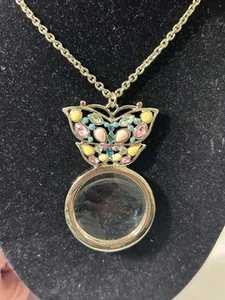 Vintage Liz Claiborne Multi Colored Butterfly Magnifying Glass Necklace 28 + 3 - Picture 1 of 7
