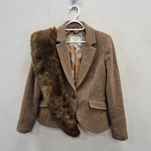 Joules Wilomena Wool Check Tweed Country Races Fur Collar Blazer Jacket Uk 12 - Picture 1 of 9