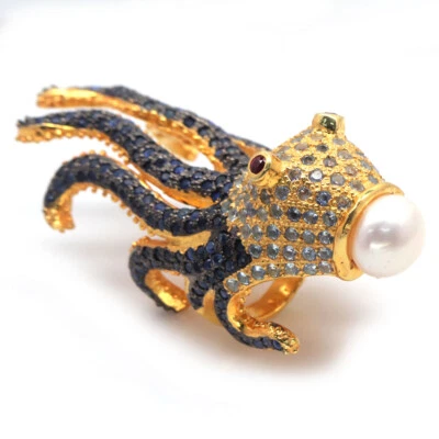 Edelstein 11 Mm. Weiße Perle, Rubin & Saphir Schmuck Ring 925 Silber Größe 5 - Bild 1 von 4